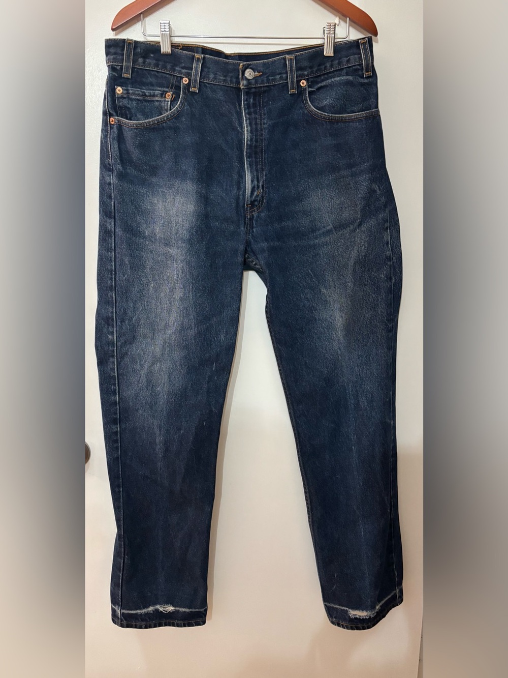 Y2K Levi’s Men’s 505 Regular Fit Straight Leg Dark Wash Distress Jeans 36X32
